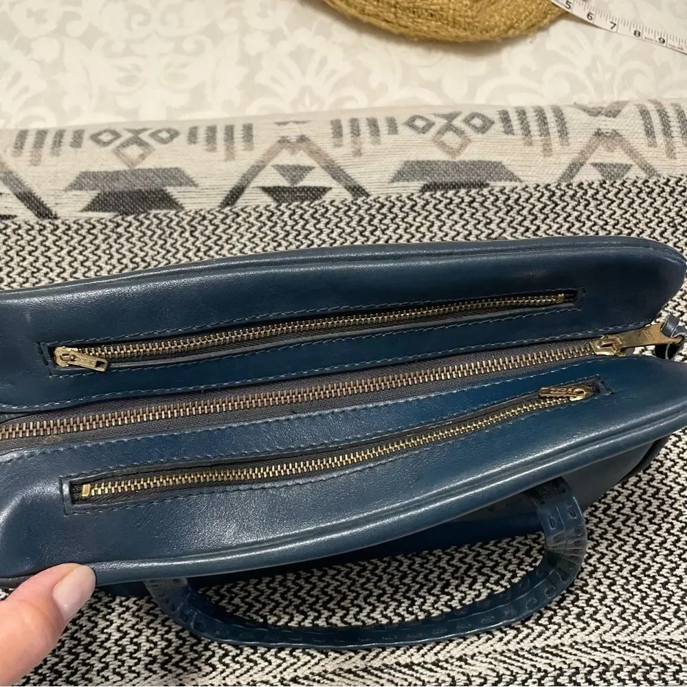 Vintage Ganson Navy Leather Short Handle Tote W/Stitching Detail Bag